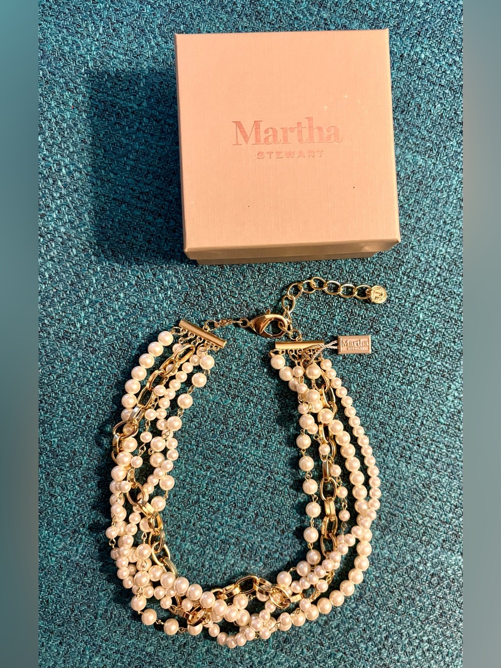 Martha Stewart Four Strand Twisted Faux Pearl Gold Chain Necklace With Box